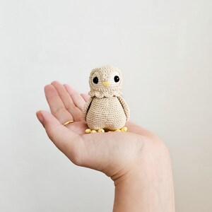K&ouml;nnte beinhalten: Eine kleine geh&auml;kelte Eule aus beigefarbenem Garn mit gelben Akzenten. Die Eule sitzt auf einer Hand.