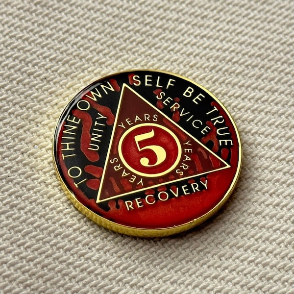 Hand-painted AA 5 year chip | Red Sobriety Medallion | Recovery gift | Alcoholics Anonymous Coin | Serenity Prayer Token | UK Product