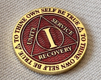 AA 1 year chip | Red Sobriety Token | Recovery gift | Alcoholics Anonymous | Handmade | 12 Steps | Serenity Prayer | UK Product