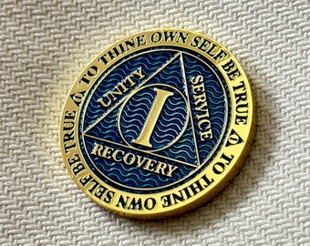 1 Year AA Medallion Elegant Blue Gold Plated Sobriety Chip