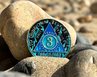 Hand-painted AA 3 year chip | Blue Sobriety Medallion | Recovery gift | Alcoholics Anonymous Coin | Serenity Prayer Token | UK Product