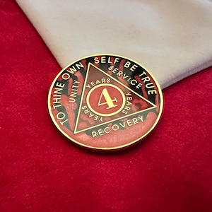 Hand-painted AA 4 year chip | Red Sobriety Medallion | Recovery gift | Alcoholics Anonymous Coin | Serenity Prayer Token | UK Product
