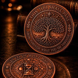 May include: Two circular copper-toned metal coins featuring intricate embossed designs. The upright coin displays a tree with roots and the text "THIS TOO SHALL PASS" and "GROW THROUGH WHAT YOU GO THROUGH". The flat coin shows an hourglass and "LET GO OF WHAT WAS" and "HAVE FAITH IN WHAT WILL BE".