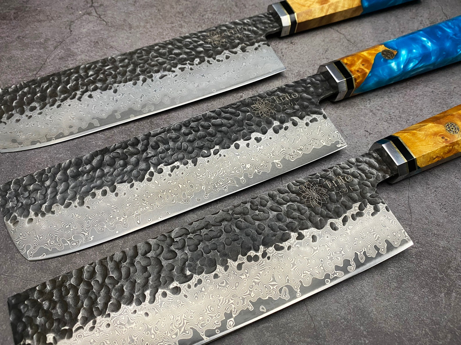Damascus Chef Knife Japanese Nakiri with Blue Resin and Maple Etsy