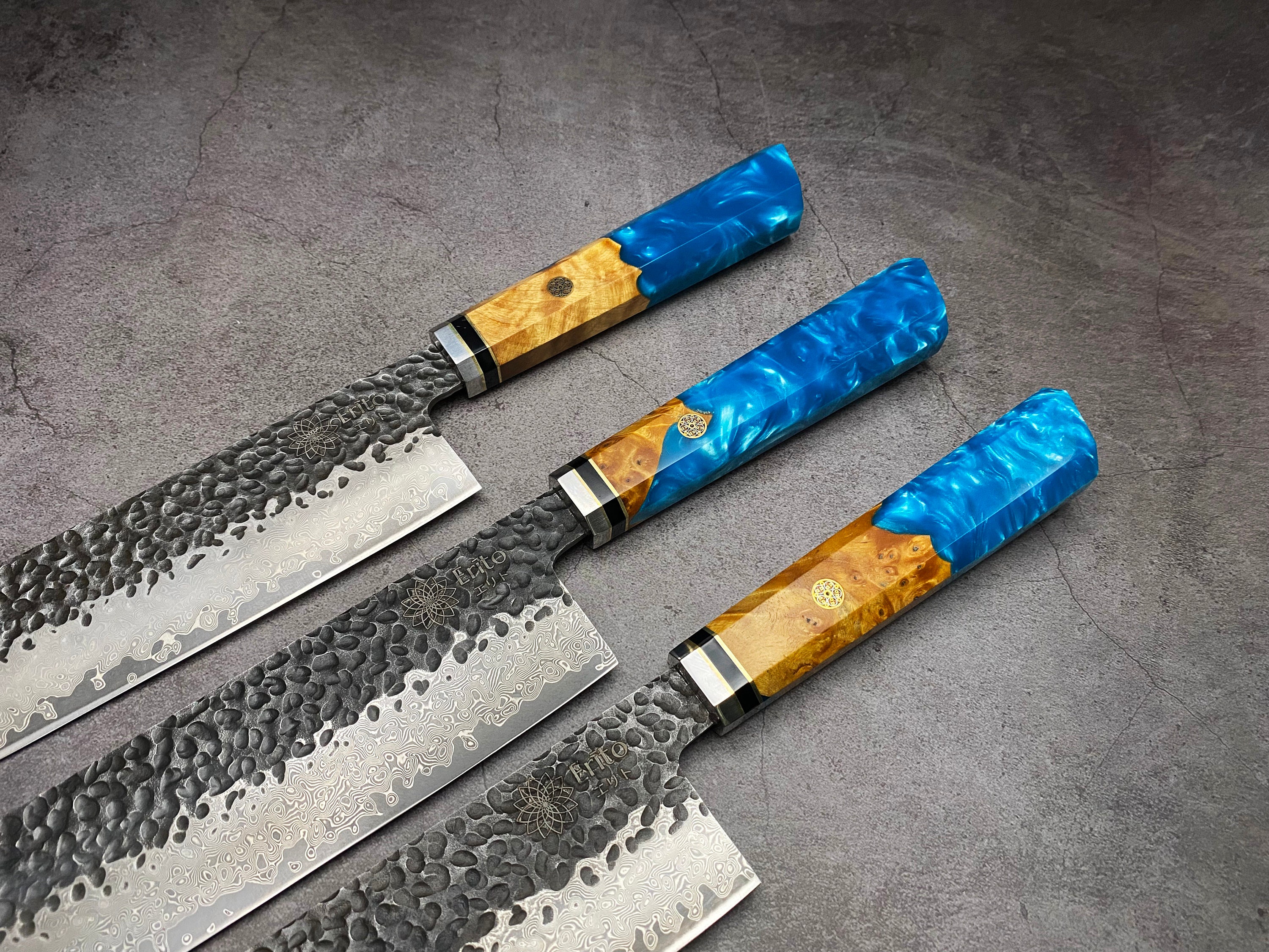 Damascus Chef Knife Japanese Nakiri with Blue Resin and Maple Etsy