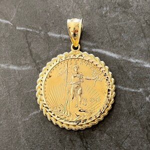 10K Authentic Yellow Gold Solid Textured Fine Gold Lady Liberty Medallion American Eagle Coin, Cuban Chain Bezel, Vintage Coin Pendant/Charm