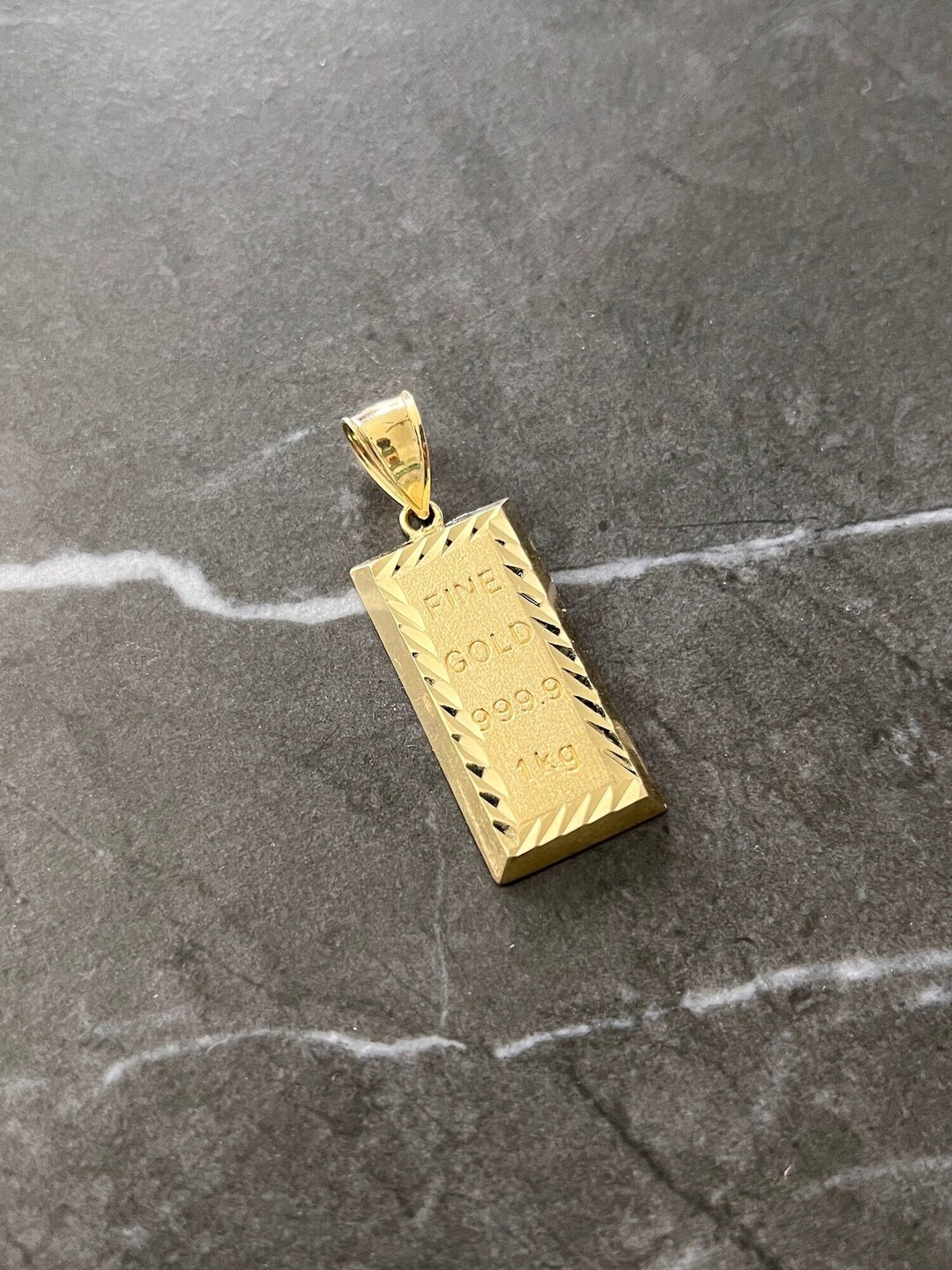 10K Authentic Yellow Gold Bar, Textured Diamond Cut Gold Bar Brick