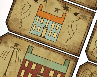 Prim Häuser Digitale Tags Rustikal primitiv Hang Tag Salzstreuer Häuser für Halloween + Herbst - Instant Download Easy to Print primitiv