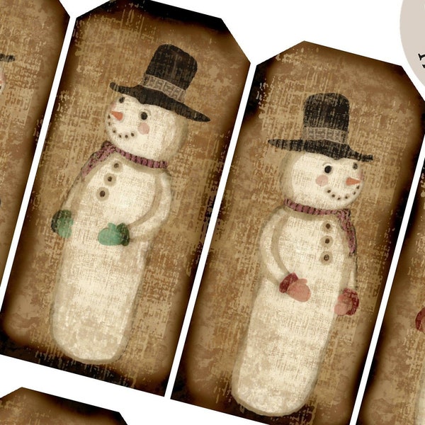 NEW PRIM Snow Gents Snowmen Digital  - Snowman Hang Tags Journal Collage Sheet - Primitive Instant Download Easy to Print and Cut