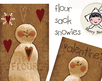 PRIM Valentine's Flour Sack Snowfolk Digital Rustic Hang Tags -Rustic Valentines - Instant Download of Primitive Tags