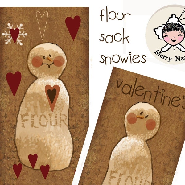 PRIM Valentine's Flour Sack Snowfolk Digital Rustic Hang Tags -Rustic Valentines - Instant Download of Primitive Tags