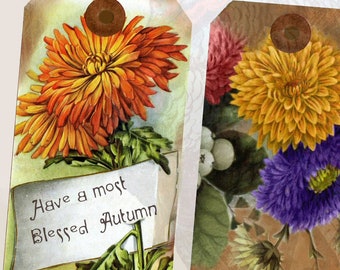 THANKSGIVING Tags - Chrysanthemen - Mamas Druckbares TURKEY DAY Journal Collage Sheet Viktorianisch Scrapbooking, Instant Download Einfach zu drucken