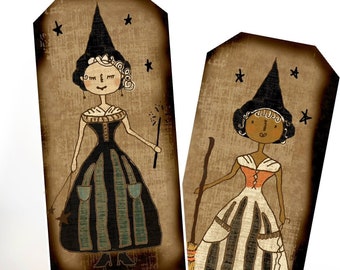 Olde Salem Prim Witches PRINTABLE Digital - Halloween 8 Diff Primitive Hang Tags Journal Collage - Instant Download Einfach zu drucken und zu schneiden