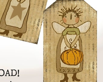 Herbstliche Schürzen-Engel-Druckvorlagen, digital, rustikal, Anhänger im Landhausstil für Halloween und Herbst – Sofort-Download, einfach auszudrucken