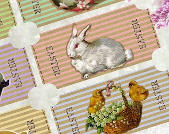 Sweet EASTER Ticket Digital Printable - 12 Junk Journal Hang Tags Collage Sheet - Victorian Rabbit Chick - Instant Download Easy Print n Cut