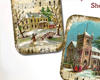 Christmas Snowy Victorian Scenes - Vintage Look Printable Prim Primitive Hang Tags Journal Collage Sheet Scrap  Download Easy Print +Cut
