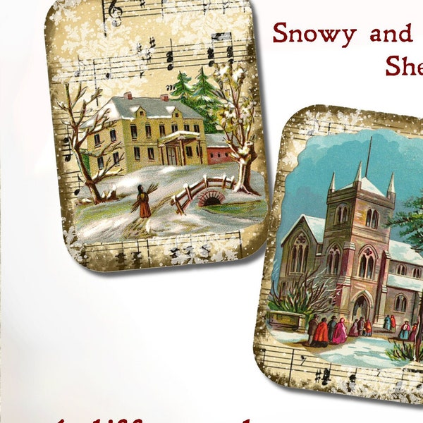 Christmas Snowy Victorian Scenes - Vintage Look Printable Prim Primitive Hang Tags Journal Collage Sheet Scrap  Download Easy Print +Cut