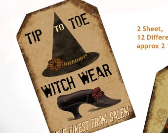 Witches Delight 12 Diff Tags Rustikal Prim Landhaus Shabby Halloween + Herbst -Instant Download Easy to Print Primitive