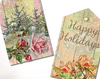 FLOWERS in the SNOW Tags VINTAGE look Primitive Digital Download for Christmas and Winter - Instant Download Easy to Print Shabby Pastels