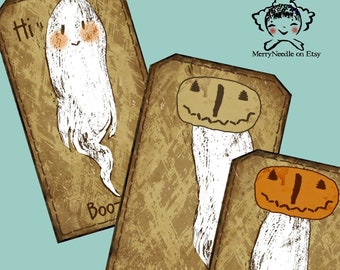 Ghost Punkins Digitale Tags Rustikaler Prim Hang Tag Shabby Kürbisse Halloween + Herbst Download Einfach zum Ausdrucken Primitive GRUBBY