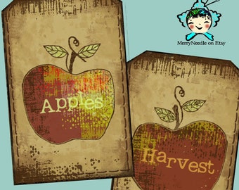 Druckvorlagen für die Apfelernte: 5 Blatt digitale Etiketten im rustikalen Stil für den Herbst. Download-Vorlage für Decoupage-Collagen.
