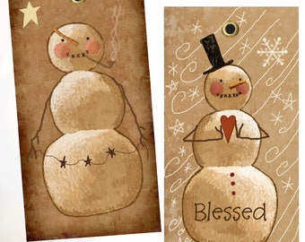 PRIM PIPBERRY SNOWMEN - Sweet Christmas Winter Digital Rustic Hang Tags -Snow folk Instant Download Winter Snow Primitive