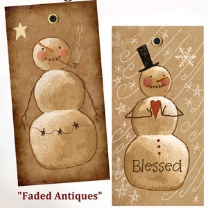 May include: Set of five printable Christmas gift tags featuring a snowman with different designs. The tags include "Faded Antiques", "Blizzard", "Plain", "With Wording", and "Happy Holidays".