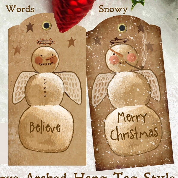 PRIM SNOWMEN ANGELS - New Christmas Winter Digital Rustic Hang Tags -Snow folk Instant Download Snowmen  Primitive