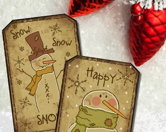 Schneemänner 12 Hang Tags - Printable Prim Primitive Weihnachten Journal Collage Sheet Scrapbooking, Instant Download Einfach zu drucken und zu schneiden