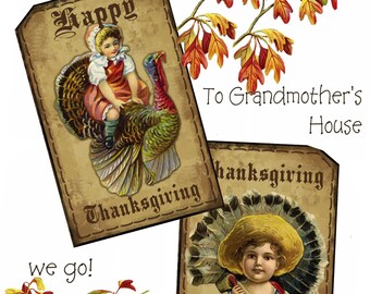 Thanksgiving-Etiketten im Vintage-Stil – Druckbare Collage-Vorlage für Journaling – Primitives viktorianisches Scrapbooking, Sofort-Download, einfach auszudrucken und auszuschneiden