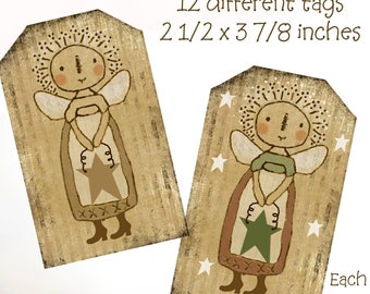 PIPBERRY ANGELS Xmas PRINTABLES Digital Angels Rustic Prim Hang Tag Farmhouse Christmas Winter - Instant Download Easy Print Primitive