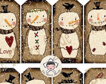 SNOW DAZE PRIM Snowmen Digital - Crows - 24 Snowman Hang Tags Journal Collage Sheet - Primitive Instant Download Easy to Print and Cut