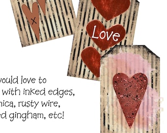 Rustic Stripes VALENTINE PRIMS Digital Hang Tags -Rustic Valentines - Instant Download of Primitive Tags Hearts Journaling Decoupage More