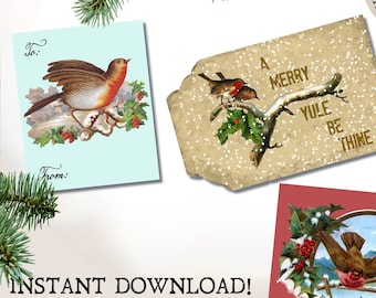 Christmas BIRDS PRINTABLE Digital - YULE 14 Hang Tags Collage Sheet - Victorian Bird Images - Instant Download Easy to Print and Cut