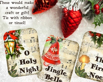 CHRISTMAS CAROLS Printables - Digital Tags Beautiful ANTIQUE Images - Fun Tag Size - Mini Banner too- Instant Download Easy to Print + Cut