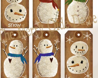 Country Snowfolk PRINTABLES Digital Tags - Rustic Journal Collage Sheet- Prim Hang Tags Snowmen Scrapbooking Download Easy to Print and Cut