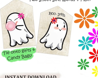 Ghosties FLOWER POWER Tags/Decoupage Instant DL, Easy to Print  - 16 Tags + 1 Bonus Sheet. Bubblegum Ghost, Fun Gift Tie On