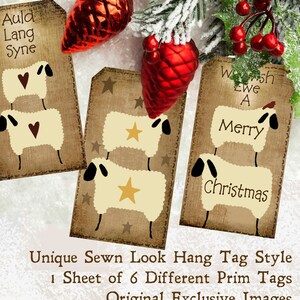 May include: Six Christmas gift tags featuring a sheep illustration with a star and a heart. The tags are printed on a brown paper background with a stitched border. The text on the tags reads "Auld Lang Syne", "We Wish A Merry Christmas". The tags are approximately 2 1/2 inches by 4 1/4 inches.