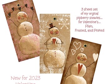 Pipberry Snowman VALENTINE Prim n Pretty Digital Printable Tags Journaling Decoupage for Primitive and Snowman Fans PLUS Bonus Horses