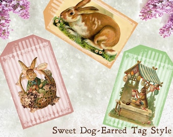 Sweet EASTER Digital Printable - 8 Junk Journal Hang Tags Collage Sheet - Victorian Rabbit Images - Instant Download Easy to Print and Cut