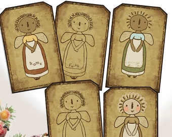 Sewn Look Sweet Annies GATHERING Angels PRINTABLES Digital Rustic Hang Tag Thanksgiving Christmas  - Instant Download Easy Print Primitive