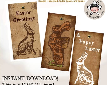 Prim EASTER Digital Printable - 18 Junk Journal Hang Tags Collage Sheet - Primitive Chalkware Designs - Instant Download Easy Print n Cut