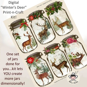 May include: A set of six printable mason jar images featuring a winter scene with a deer, snow, and pine trees. The jars are decorated with red berries, holly, and a snowflake. The text "Winter's Deer" is included in the image.
