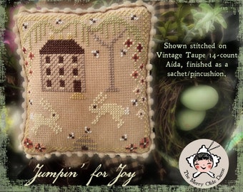 CHART Jumpin' for Joy Counted Cross Stitch e-Pattern - Colonial Primitive Spring Bunnies Rabbits Easter Quick Just 7 Floss Colors