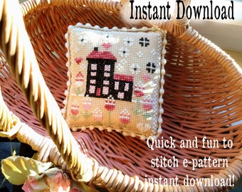 CHART Tulip Haus Cross Stitch e-Pattern - Colonial Primitive Winter Spring Easter /Valentines / Primitive Prim Quick and Fun Pattern