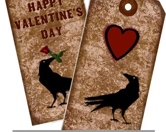 PRIM Valentine CROW Tags - Sweet Winter Primitive Digital Rustic Sheet and BONUS Sheet -Instant Download for you to print