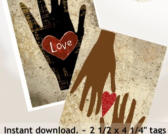 PRIM HEART in HAND Digital Rustic Hang Tags -Rustic Valentines - Primitive Instant Download of Valentine's Day Tags