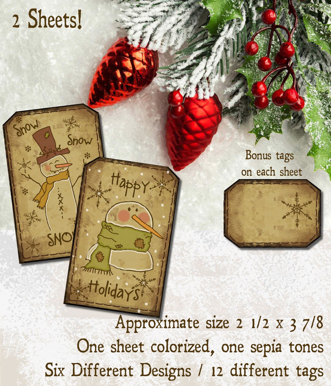 SNOWMEN 12 Hang Tags - Printable Prim Primitive Christmas Journal ...
