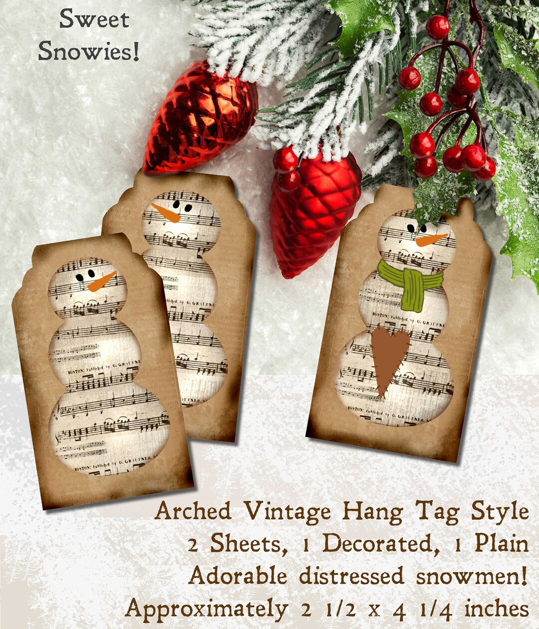 SHEET MUSIC SNOWMEN for Christmas - Printable Prim Hang Tags Instant ...