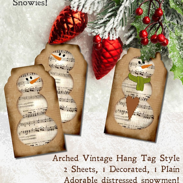 SHEET MUSIC SNOWMEN for Christmas - Printable Prim Hang Tags Instant Journal Collage Sheet - Scrapbooking, Primitive Easy Print +Cut